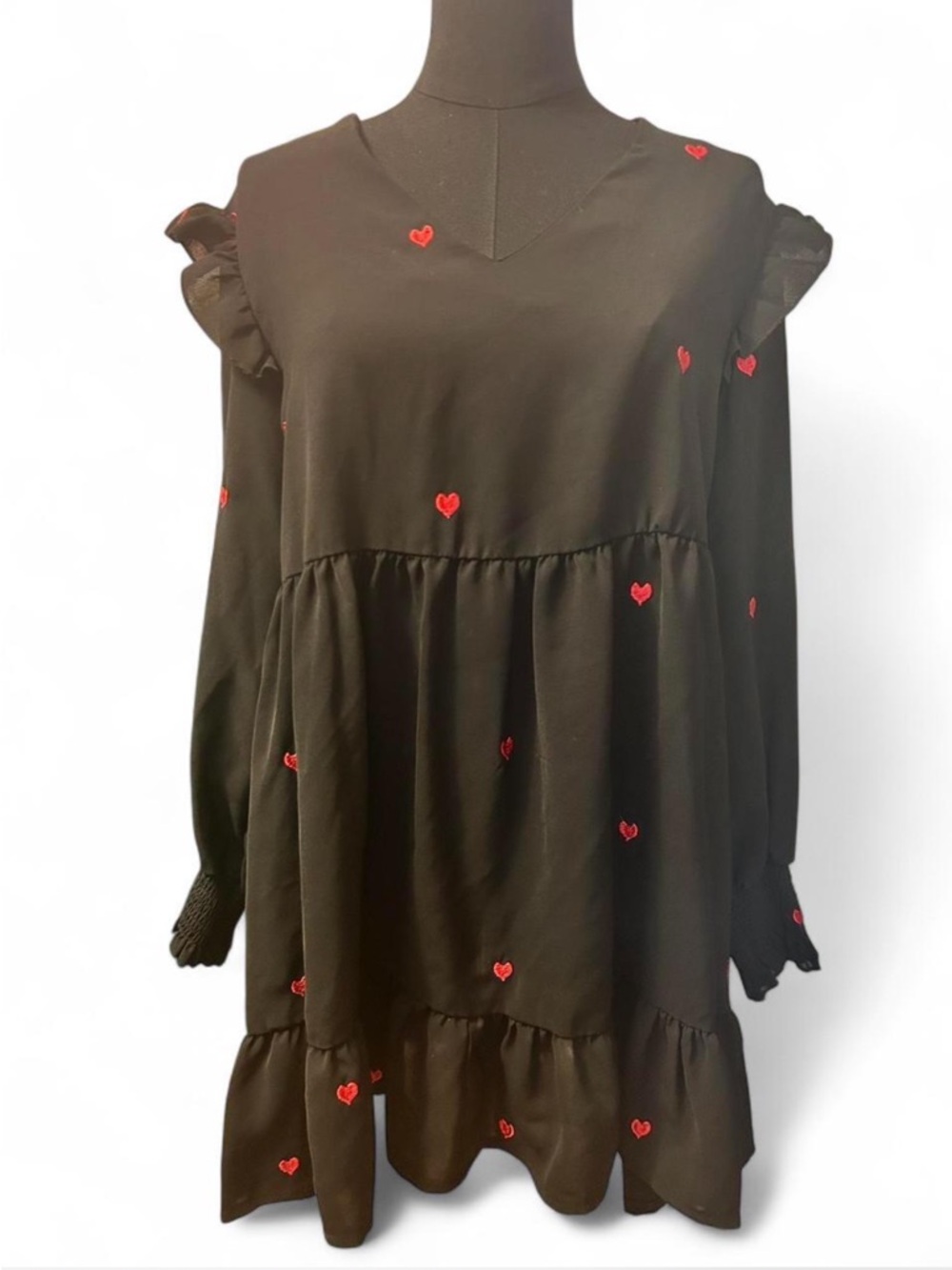 Black Long-Sleeve Ruffle Babydoll Dress with Red Heart Embroidery